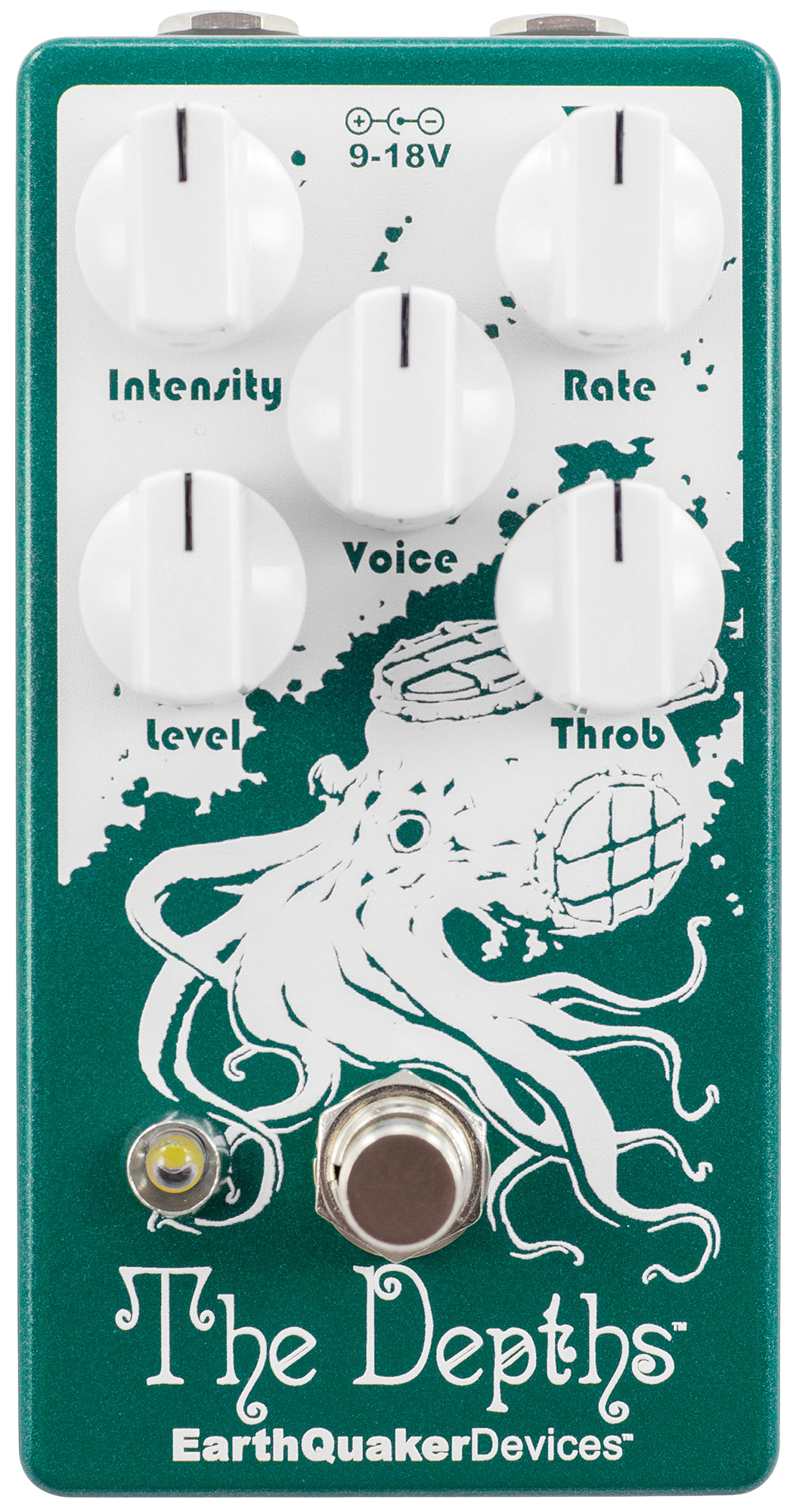 Top down of EarthQuaker Devices The Depths Optical Vibe Machine V2.