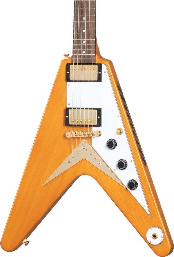 Front of Epiphone 1958 Korina Flying V Aged Natural.