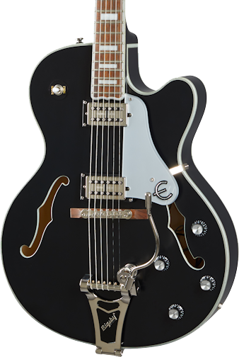 Front of Epiphone Emperor Swingster Black Aged Gloss.