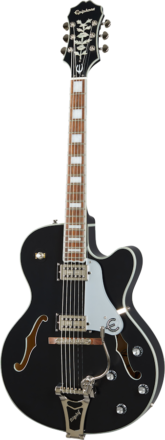 Full frontal of Epiphone Emperor Swingster Black Aged Gloss.