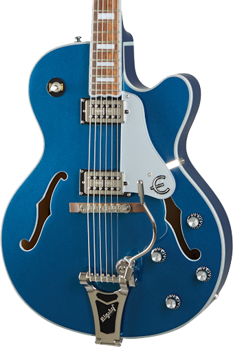 Front angle of Epiphone Emperor Swingster Delta Blue Metallic.