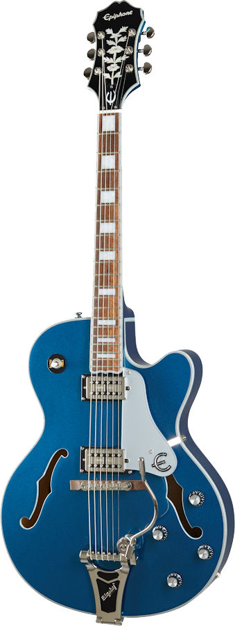 Full front angle of Epiphone Emperor Swingster Delta Blue Metallic.