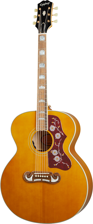 Full frontal of Epiphone J-200 Aged Natural Antique Gloss.