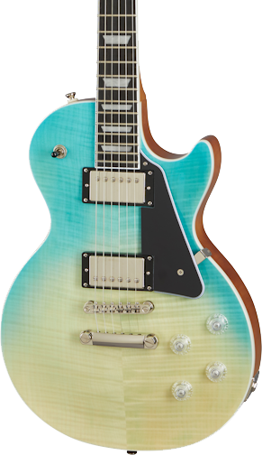 Front of Epiphone Les Paul Modern Figured Caribbean Blue Fade.