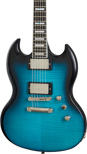Front of Epiphone SG Prophecy Blue Tiger Aged Gloss.
