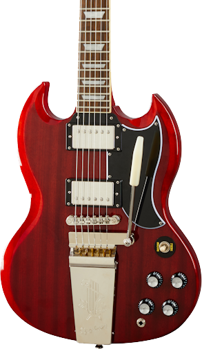 Front angle of Epiphone SG Standard '61 Maestro Vibrola Vintage Cherry.