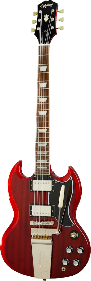 Full front angle of Epiphone SG Standard '61 Maestro Vibrola Vintage Cherry.