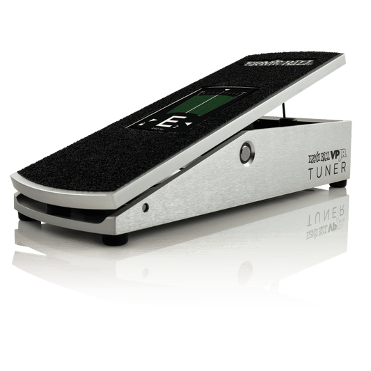 Front right angle of Ernie Ball VPJR Tuner/Volume Pedal Silver.