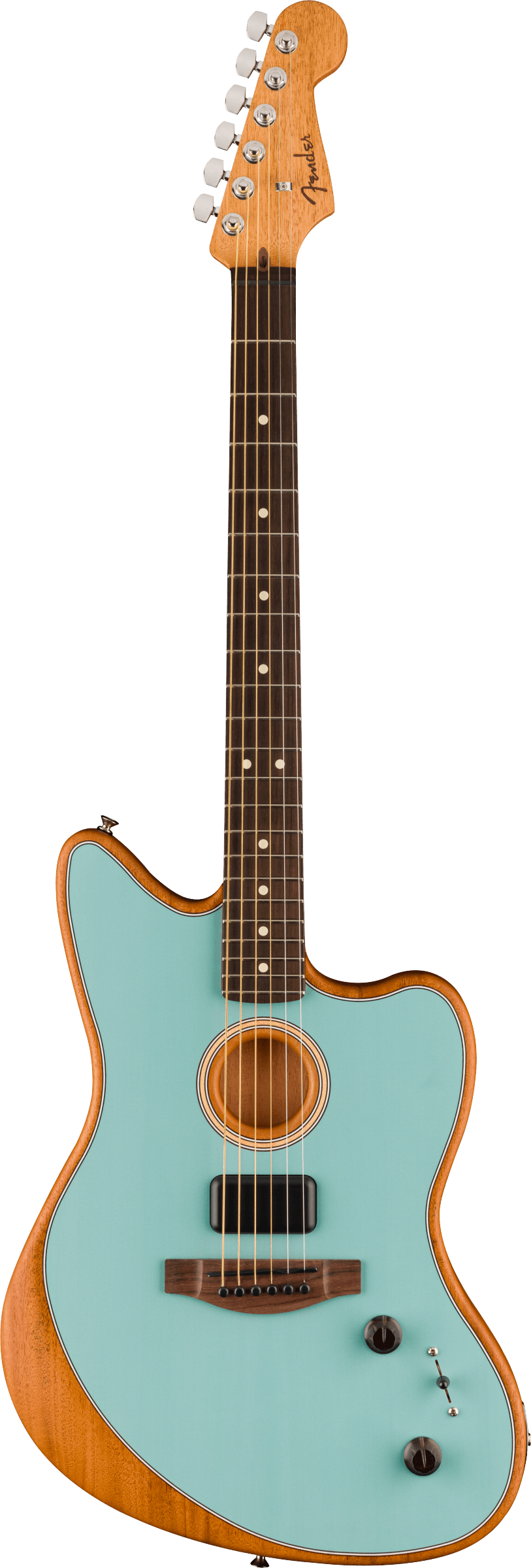 Full frontal of Fender Acoustasonic Player Jazzmaster RW Ice Blue.