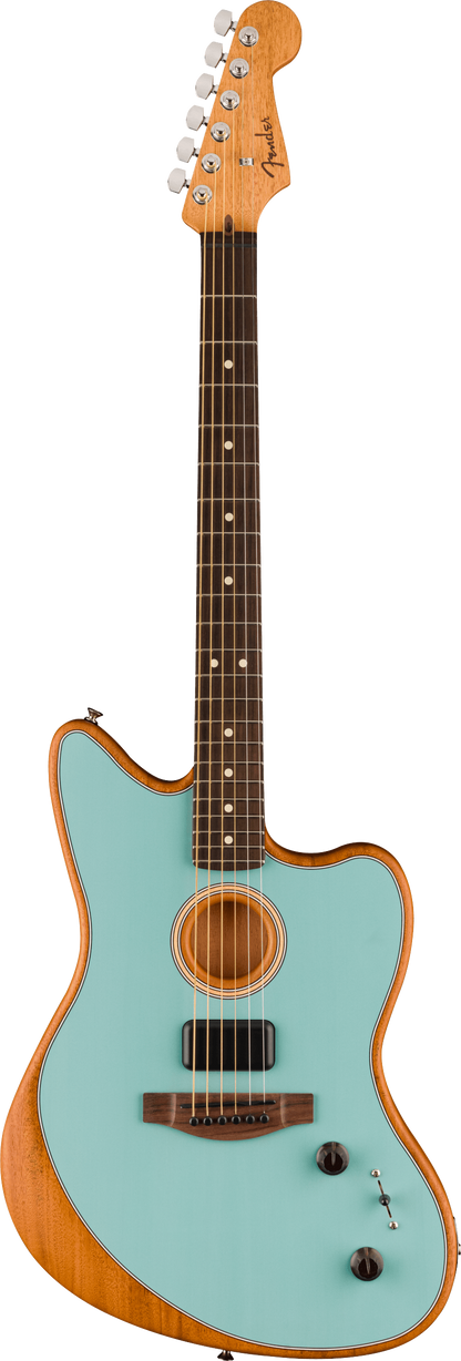 Full frontal of Fender Acoustasonic Player Jazzmaster RW Ice Blue.