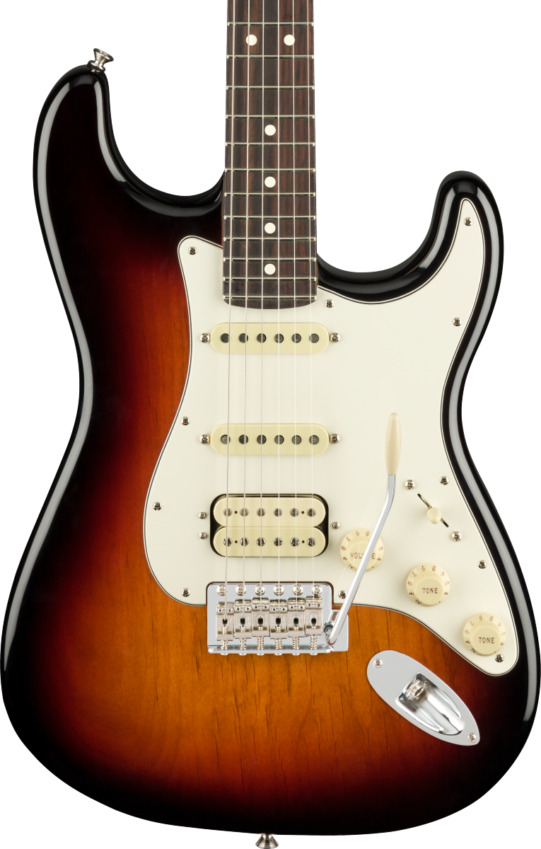 Front of Fender American Performer Stratocaster HSS Rosewood Fingerboard 3-Color Sunburst.
