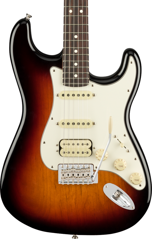 Front of Fender American Performer Stratocaster HSS Rosewood Fingerboard 3-Color Sunburst.