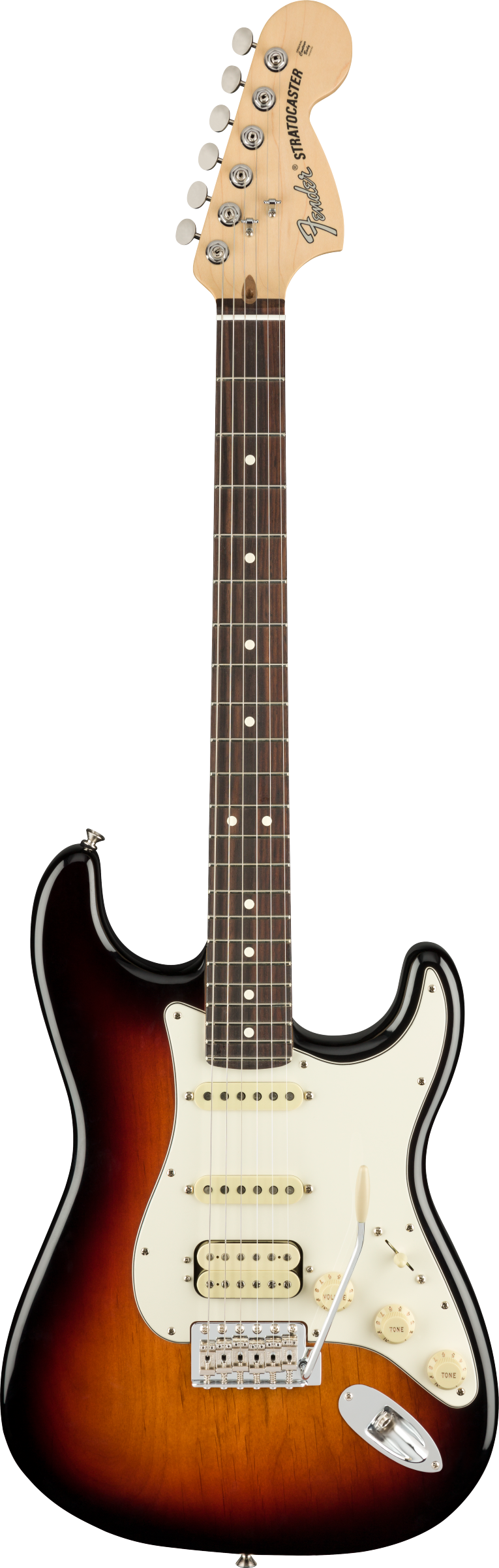 Full frontal of Fender American Performer Stratocaster HSS Rosewood Fingerboard 3-Color Sunburst.