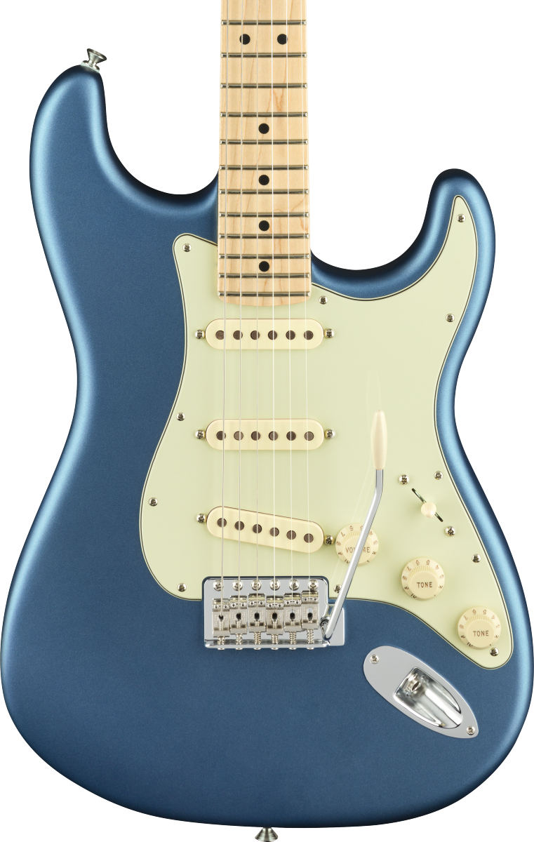 Front of Fender American Performer Stratocaster MP Satin Lake Placid Blue.