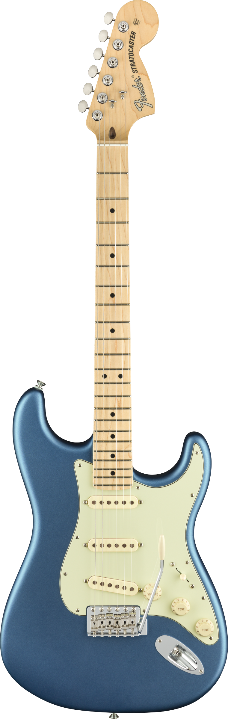 Full frontal of Fender American Performer Stratocaster MP Satin Lake Placid Blue.