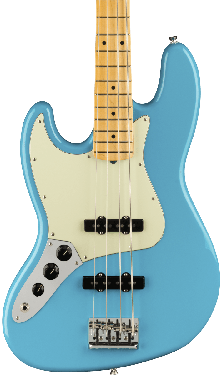 Front of Fender American Professional II Jazz Bass Left Hand MP Miami Blue.