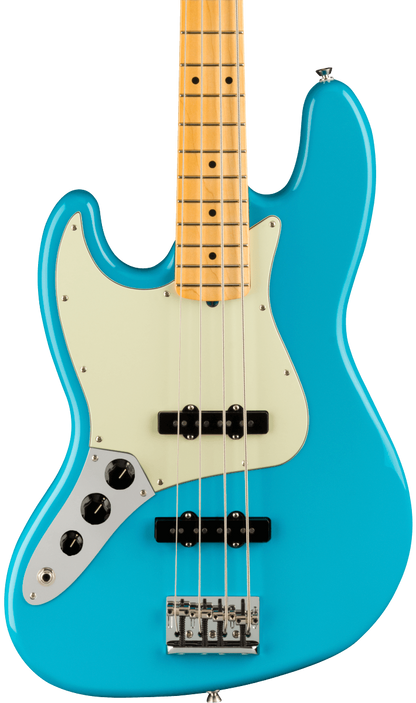 Front of Fender American Professional II Jazz Bass Left Hand MP Miami Blue.