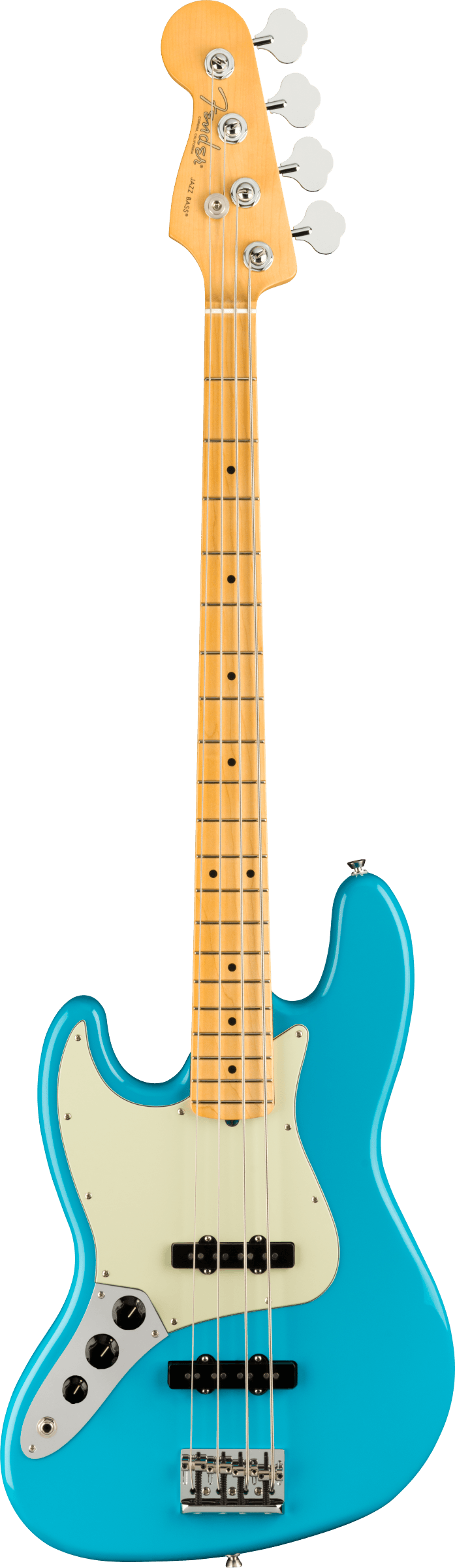 Full frontal of Fender American Professional II Jazz Bass Left Hand MP Miami Blue.