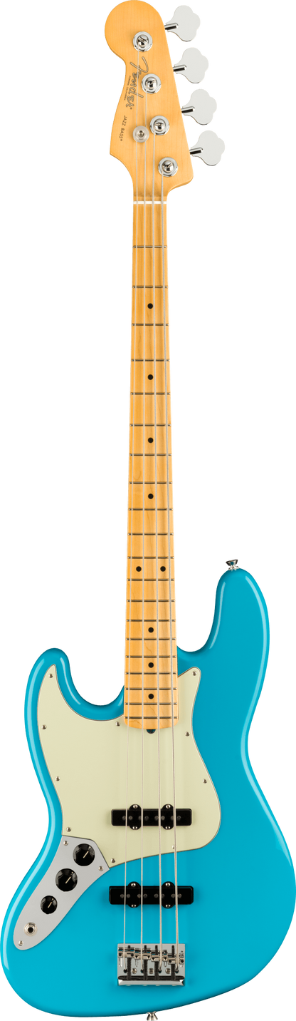 Full frontal of Fender American Professional II Jazz Bass Left Hand MP Miami Blue.