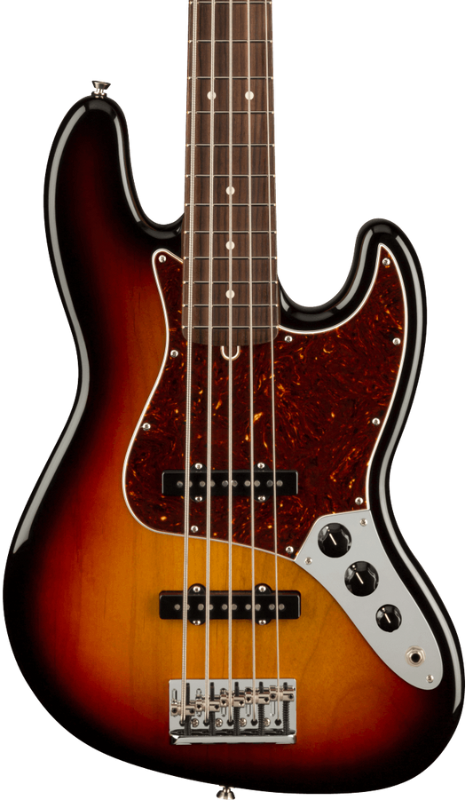 Front of Fender American Professional II Jazz Bass V RW 3-Color Sunburst.