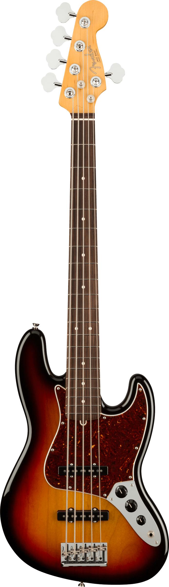 Full frontal of Fender American Professional II Jazz Bass V RW 3-Color Sunburst.