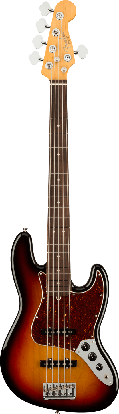 Full frontal of Fender American Professional II Jazz Bass V RW 3-Color Sunburst.