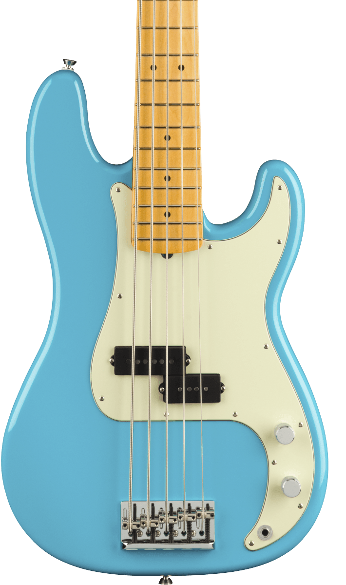 Front of Fender American Professional II Precision Bass V MP Miami Blue.