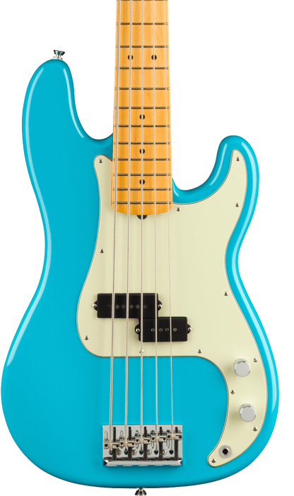 Front of Fender American Professional II Precision Bass V MP Miami Blue.