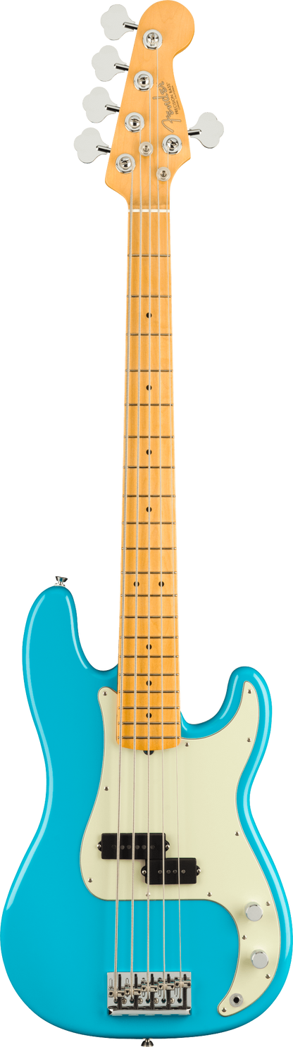 Full frontal of Fender American Professional II Precision Bass V MP Miami Blue.