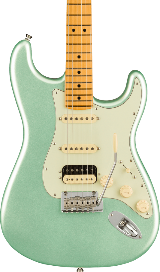 Front of Fender American Professional II Stratocaster HSS MP Mystic Surf Green.