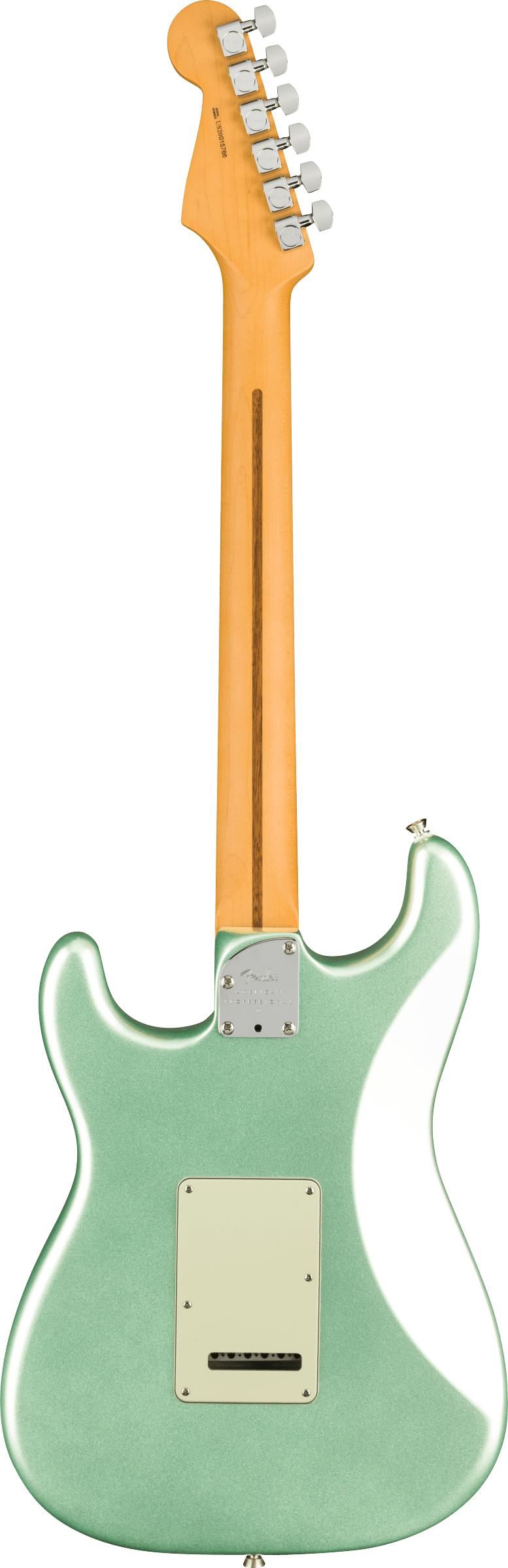 Back of Fender American Professional II Stratocaster HSS MP Mystic Surf Green.
