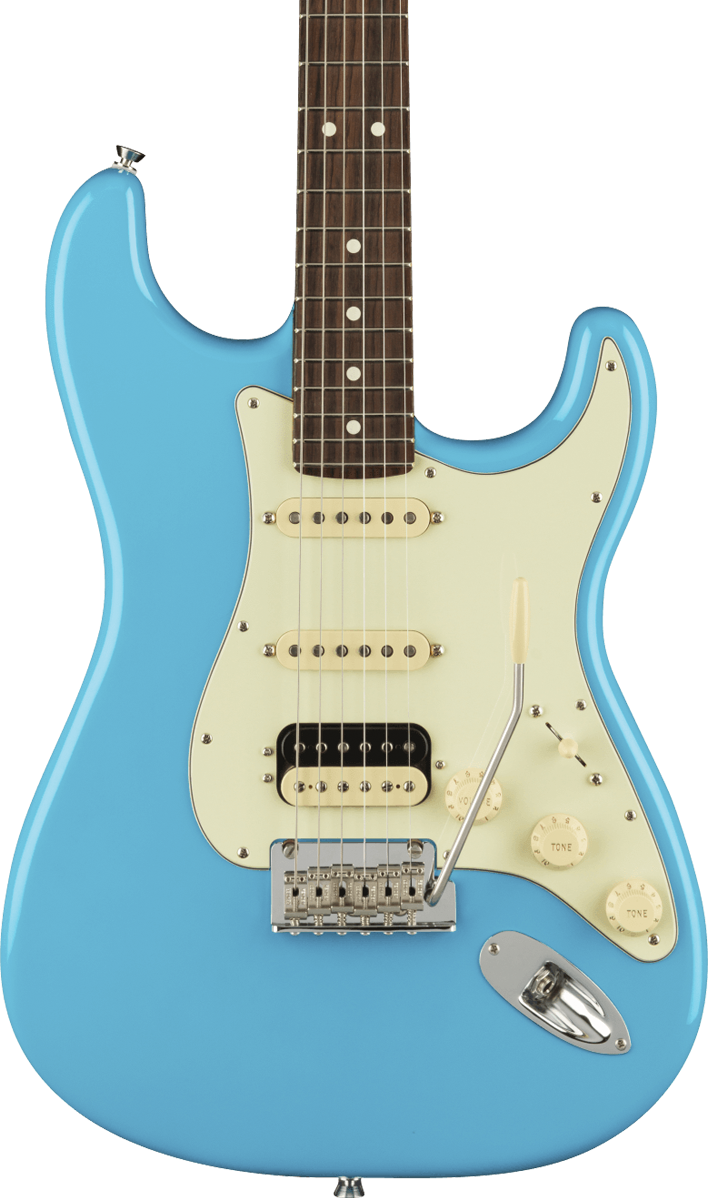 Front of Fender American Professional II Stratocaster HSS RW Miami Blue.