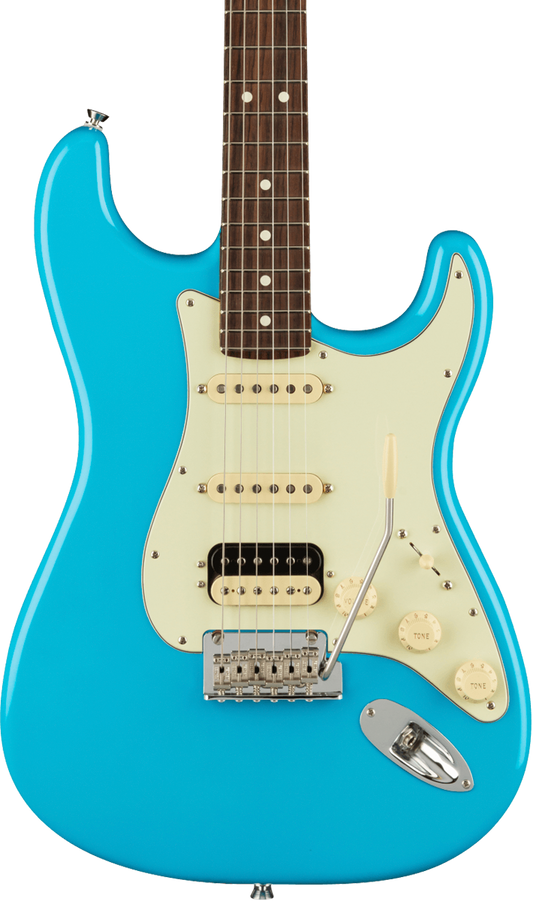 Front of Fender American Professional II Stratocaster HSS RW Miami Blue.