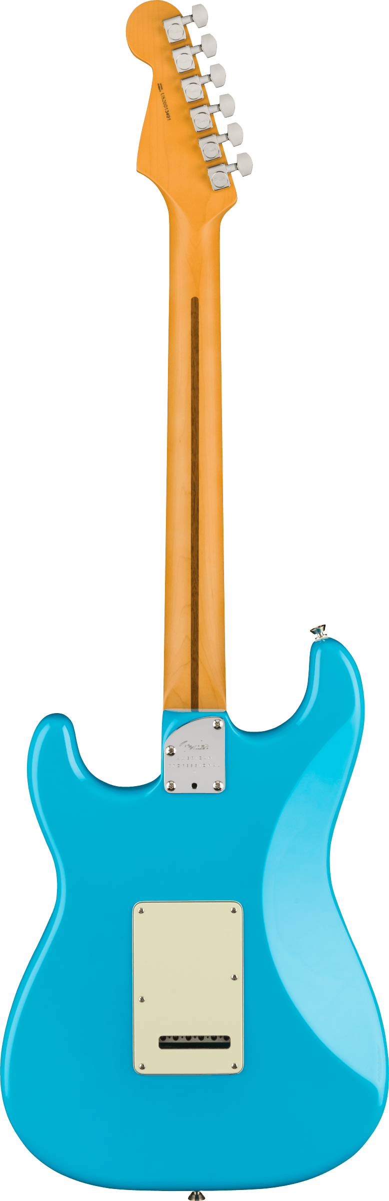 Back of Fender American Professional II Stratocaster HSS RW Miami Blue.