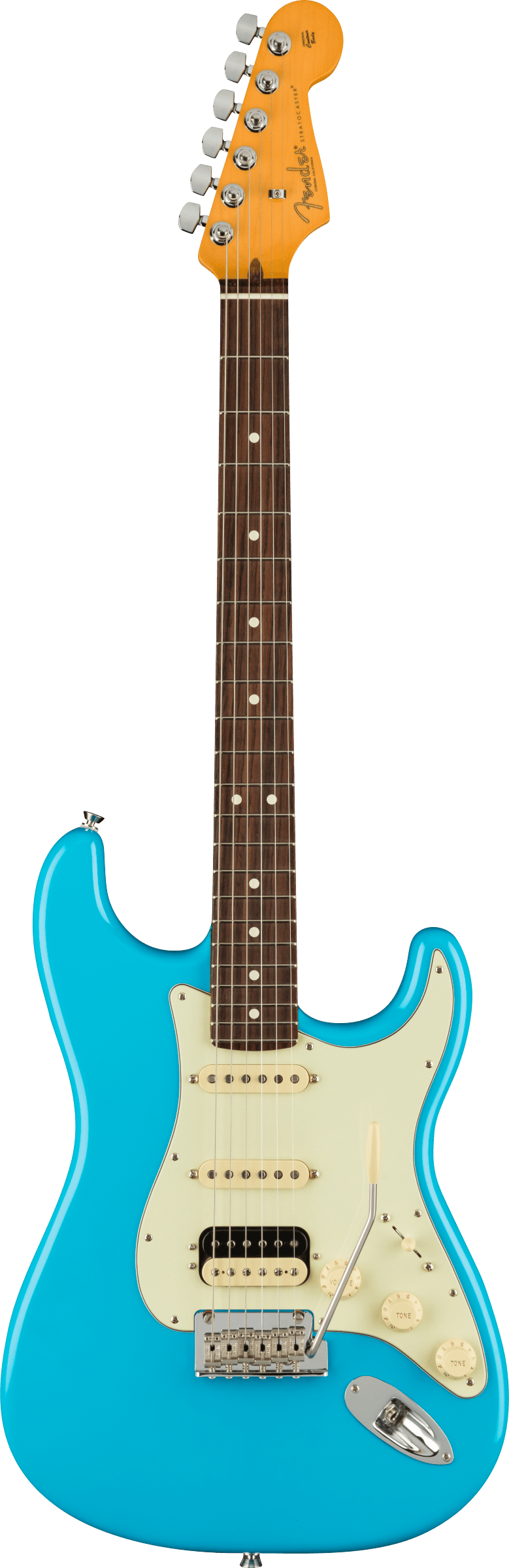 Full frontal of Fender American Professional II Stratocaster HSS RW Miami Blue.