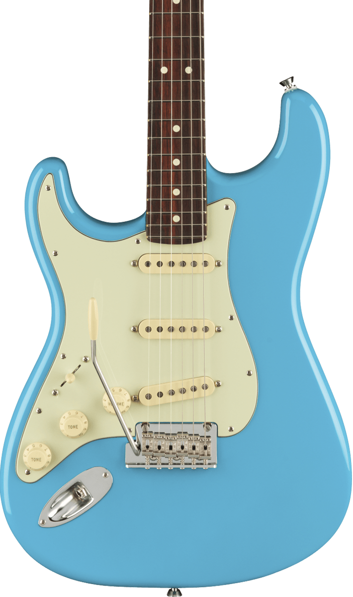 Front of Fender American Professional II Stratocaster Left Hand RW Miami Blue.