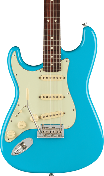 Front of Fender American Professional II Stratocaster Left Hand RW Miami Blue.