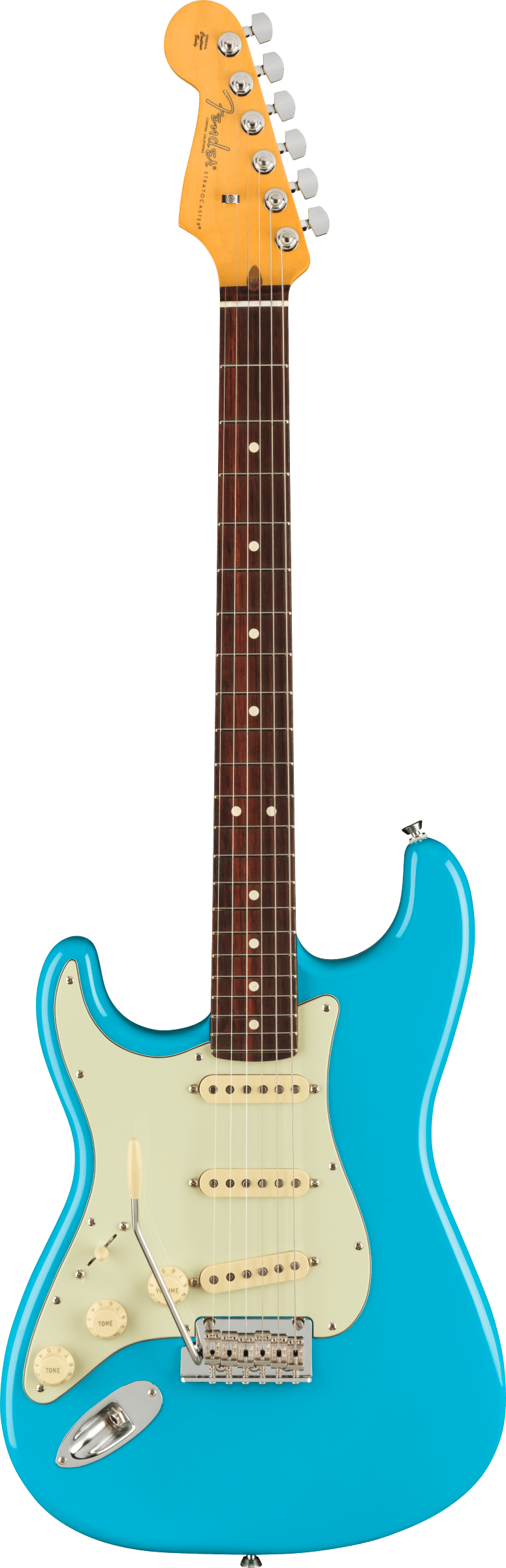 Full frontal of Fender American Professional II Stratocaster Left Hand RW Miami Blue.