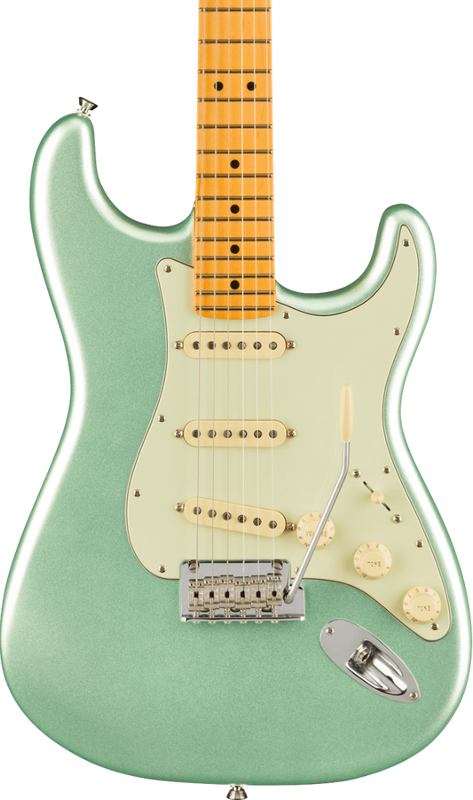 Front of Fender American Professional II Stratocaster MP Mystic Surf Green.