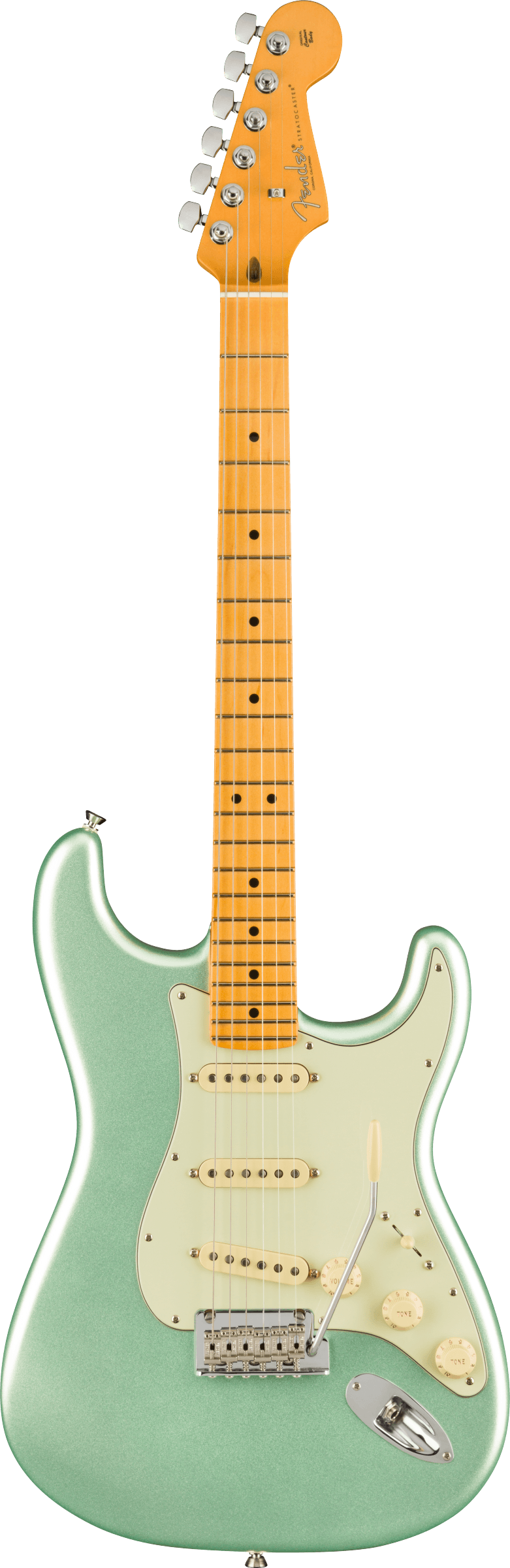 Full frontal of Fender American Professional II Stratocaster MP Mystic Surf Green.