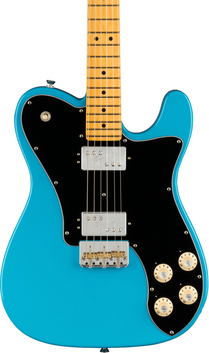 Front of Fender American Professional II Telecaster Deluxe MP Miami Blue.