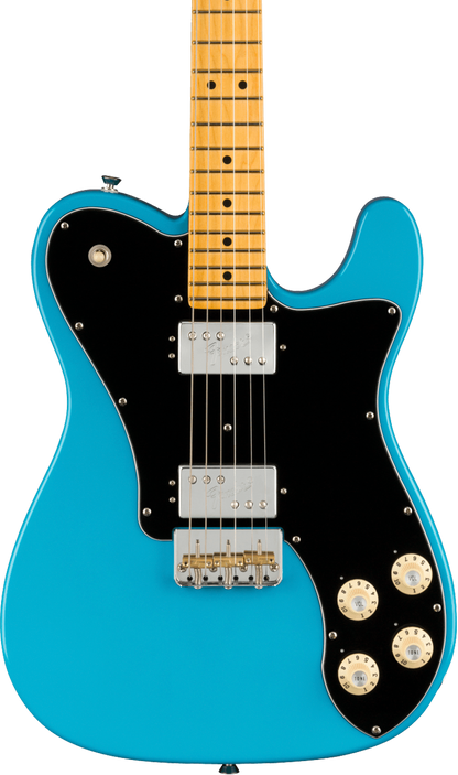 Front of Fender American Professional II Telecaster Deluxe MP Miami Blue.