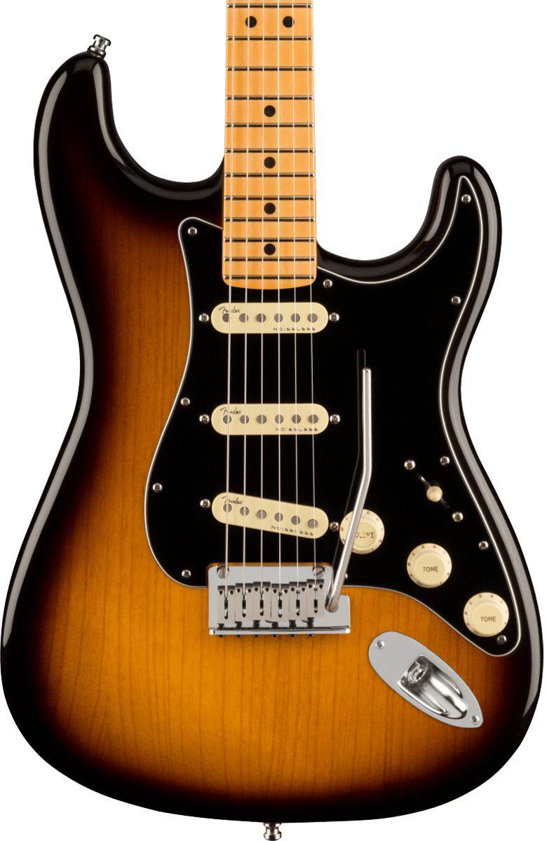 Front of Fender American Ultra Luxe Stratocaster MP 2-Color Sunburst.