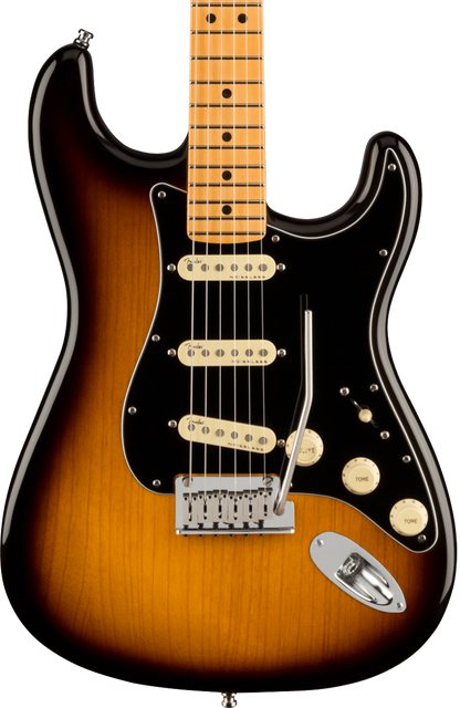 Front of Fender American Ultra Luxe Stratocaster MP 2-Color Sunburst.