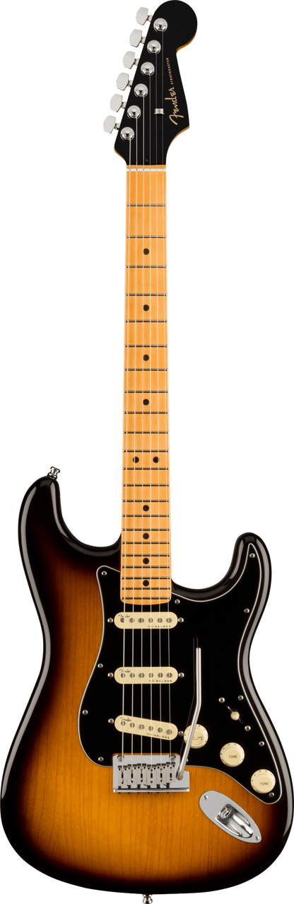 Full frontal of Fender American Ultra Luxe Stratocaster MP 2-Color Sunburst.