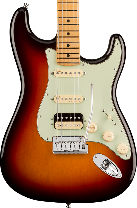 Front of Fender American Ultra Stratocaster HSS MN Ultraburst.