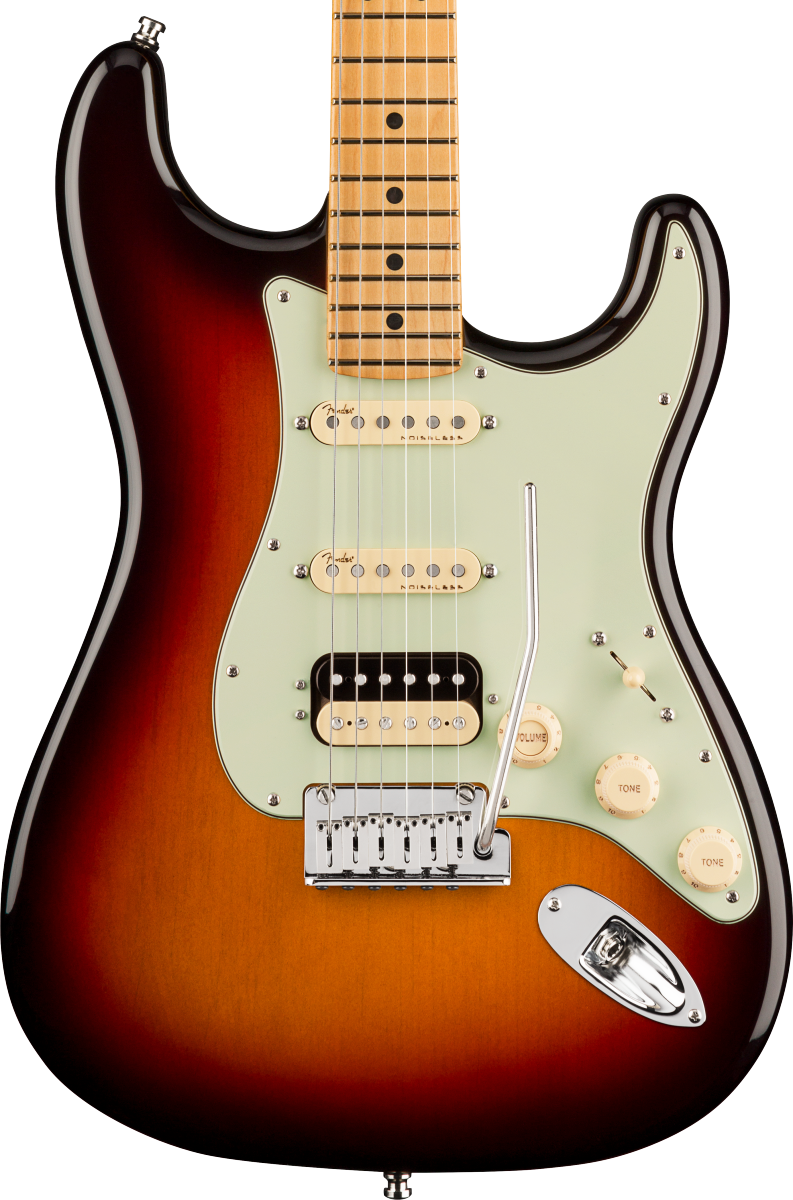 Front of Fender American Ultra Stratocaster HSS MN Ultraburst.