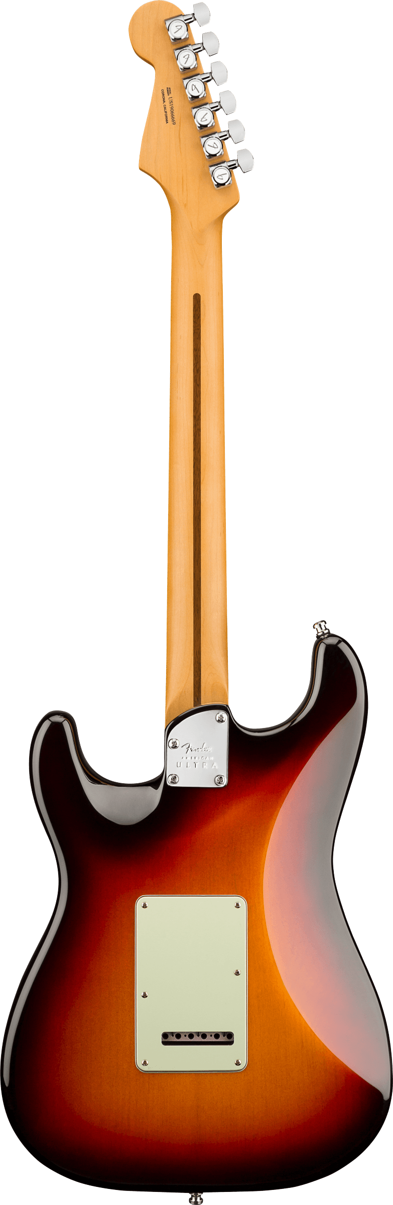 Back of Fender American Ultra Stratocaster HSS MN Ultraburst.