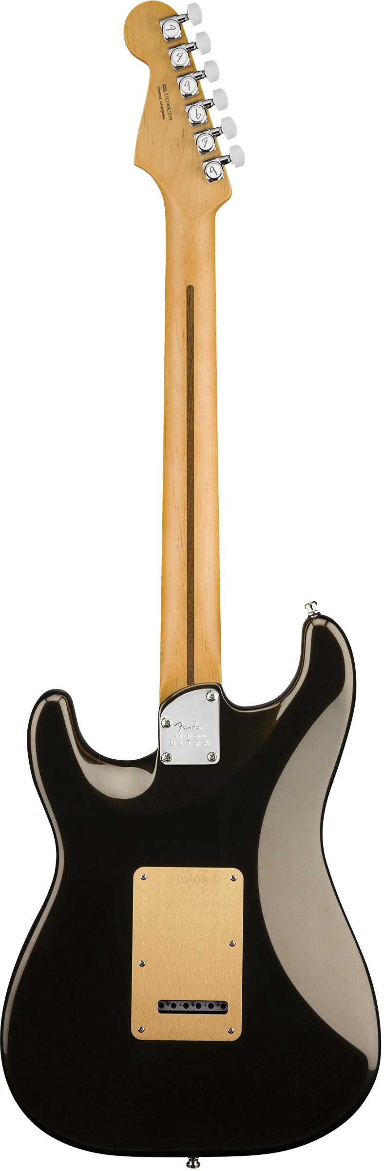 Back of Fender Stratocaster electric guitar in Texas Tea Black Tone Shop Guitars DFW