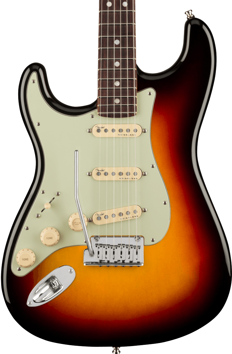Front of Fender American Ultra Stratocaster Left Hand RW Ultraburst.